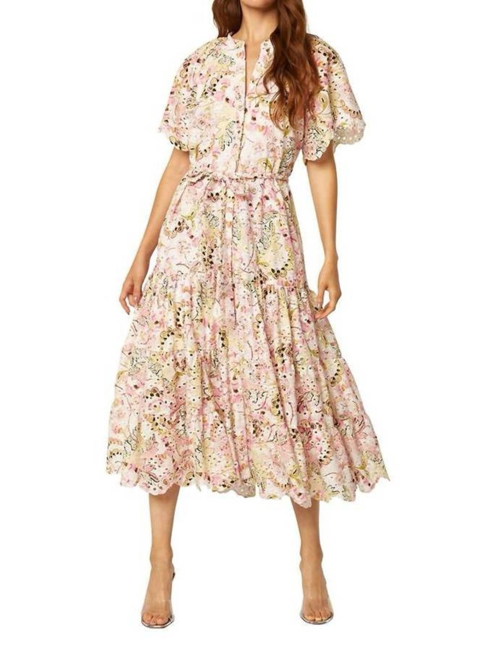 MISA Los Angeles Pink Floral Paisley Belted Maxi Dress | Short Sleeve | Size XS